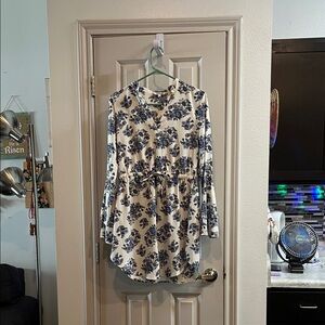 Blush Cream and Blue Floral Tie-Waist Long Sleeve Dress